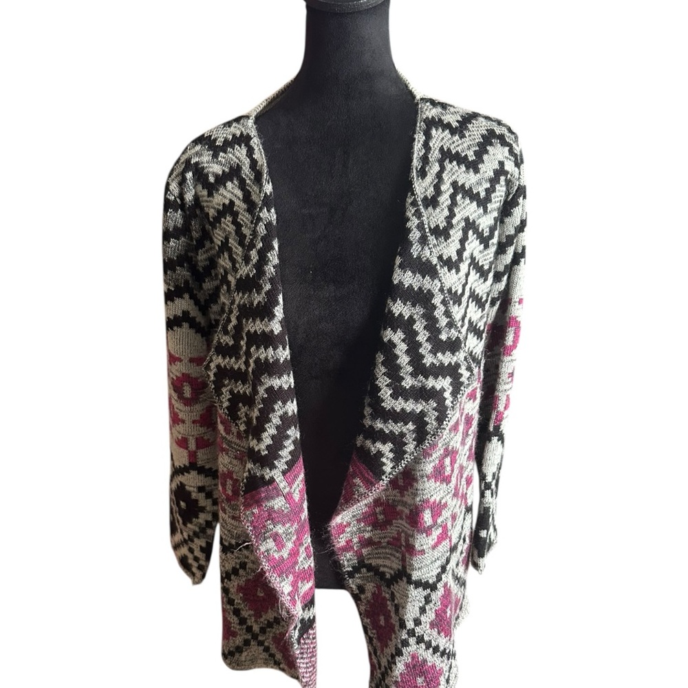 Abito Women’s Open-Front Cardigan Sweater, Size M – Black/White/Pink Aztec Print